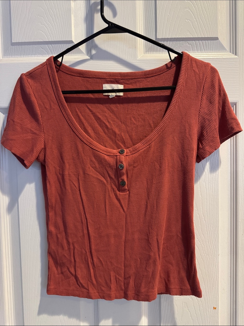 Loft Lou & Grey Cropped Short Sleeve Ribbed Button Front Top Size Small